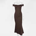 Detail of elegant off-shoulder brown slim maxi dress with bodycon fit and elastic fabric - XS / Coffee