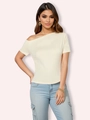 Slim fit cream off-shoulder asymmetric top paired with light blue ripped jeans - S / Apricot