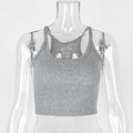 Close-up of gray ribbed cotton crop top featuring a slim fit U-neck sleeveless design - XS / Mixed Grey