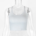 Detail of white ribbed crop top showing U-neckline and fine vertical texture on mannequin - XS / White