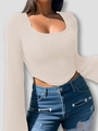 Slim fit cream rib-knit top with square neck and flare sleeves for a modern chic look - XS / Apricot