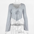 Detail of ribbed knit grey V-neck crop top with drawstring ties and flared long sleeves - XS / Gray