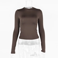 Detail of dark brown long sleeve crew neck tee in slim fit stretchy modal fabric - S / Coffee