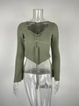 Detail of olive green ribbed knit texture with V-neckline and drawstring ruched front - XS / Green