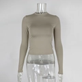 Detail view of khaki slim fit long sleeve top with premium elastic fabric texture - S / Khaki