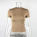 Detail view of khaki slim fit crew neck t-shirt on a transparent mannequin - Khaki