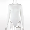 Detail of white long sleeve rib-knit bodysuit featuring crew neck and elastic texture - S / White