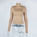 Close-up of khaki slim fit mock neck long sleeve top with soft elastic texture - Khaki