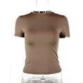 Detailed view of brown slim fit short sleeve T-shirt with premium stretch knit fabric - S / Light Coffee