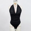 Detail view of black cowl neck halter bodysuit with elegant draped neckline and slim fit - S / Black