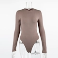 Detail showing the taupe ribbed knit fabric texture and crew neck of the slim bodysuit - S / Khaki