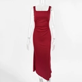 Close-up of wine red sleeveless dress featuring ribbed texture and pleated waist details - S / Red