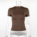Close-up of brown slim-fit short-sleeved t-shirt with textured stretch fabric detail - S / Brown