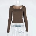 Detail of the brown square-neck long-sleeve top showing slim fit knit texture - S / Coffee