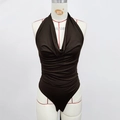 Close-up of chocolate brown halter bodysuit featuring elegant cowl neck and ruched waist - S / Brown