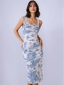 Slim fit square neck midi dress featuring blue French Toile de Jouy floral print pattern - XS / Blue