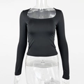 Detail of black slim fit long sleeve top featuring square neckline and stretch fabric - S / Black
