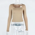 Detailed front view of camel square neck long sleeve slim fit top on mannequin - S / Khaki