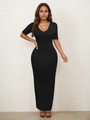 Close-up of sleek black V-neck maxi dress featuring slim fit silhouette and elastic fabric - S / Black
