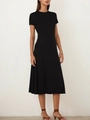 Elegant women's black short sleeve A-line midi dress with a simple crew neck design - S / Black