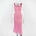 Detail of a pink sleeveless bodycon midi dress with a square neckline on a mannequin - XS / Pink