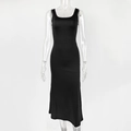 Close-up of the racerback design and elastic fabric on a black midi bodycon dress - XS / Black