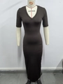 Slim fit deep V-neck short sleeve dress in brown color with high elasticity - S / Brown