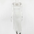 Detail of slim fit white sleeveless midi dress with square neck in ribbed fabric - XS / White