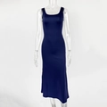Detail showing slim fit navy blue midi dress with scoop neck and sleeveless knit cut - M / Dark Blue