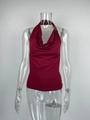 Λεπτομέρεια μπορντό halter top με ντραπέ λαιμόκοψη και χρυσό μεταλλικό δακτύλιο - XS / Μπορντό