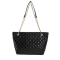 Glossy black quilted tote bag with golden chain straps on white background - Black