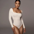Slim fit ivory long sleeve bodysuit with square neck design for women fashion - Square Neck Style (2835-White)