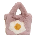 Cute pink plush tote bag with poached egg design and gold chain strap for women - Pink