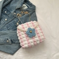 Pink and white striped pleated shoulder bag with blue floral charm and pearl chain - Pink
