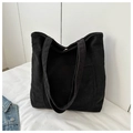 Large black corduroy tote bag with front pocket in Harajuku minimalist style for women - Black