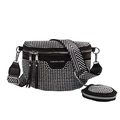Black rivet waist bag with silver rhinestones and patterned shoulder strap - Colorful