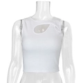 Detail of white ribbed knit tank top featuring a sexy oval cut-out at the neckline - S / White
