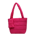 Bright pink quilted tote bag with floral stitching and matching small zipper pouch - Rose Pink