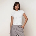 Slim fit white short sleeve top with wrap V-neck and ruched waist detail for women - XS / White