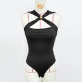 Close-up of black sleeveless bodysuit with cross halter neck and gold metal ring detail - XS / Black