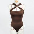 Detail of dark brown crossover bodysuit featuring a decorative golden metal ring clasp - XS / Coffee