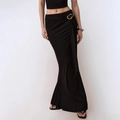 Jupe longue sirène noire élégante avec boucle en métal doré et détails drapés - XS / Noir