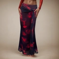 Elegante falda larga cruzada morada con patrones rojos y cintura anudada en el lateral - XS / Morado