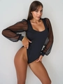 Detail of black bodysuit featuring sheer mesh puff sleeves and elastic matte fabric body - S / Black