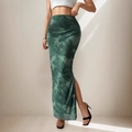 Jupe longue taille haute vert foncé avec imprimé marbré et fente latérale chic - XS / Vert
