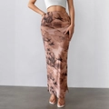 Jupe midi d'été à taille haute pour femme avec imprimé abstrait marron et fente latérale - XS / café
