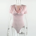 Detail of pink bodysuit showing the elegant cowl neck draping and short sleeves fabric texture - S / Pink