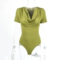 Detail of moss green cowl neck bodysuit with elegant draped front and slim fit sleeves - S / Green