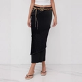 Detail of French vintage midi skirt with lace stitching and butterfly buckle waist rope - XS / Black