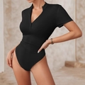 Slim fit black short sleeve bodysuit in ribbed knit fabric with half-zip V-neckline - Black